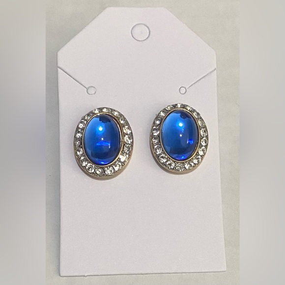 Jewelry - Royal Blue Rhinestone Gold Statement Earrings Vintage Retro Classic Preppy